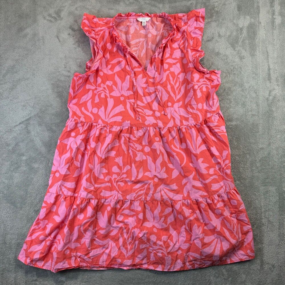 Time and Tru Dress Womens XXXL Pink Coral Tropical Leaf Tiered Pockets Babydoll